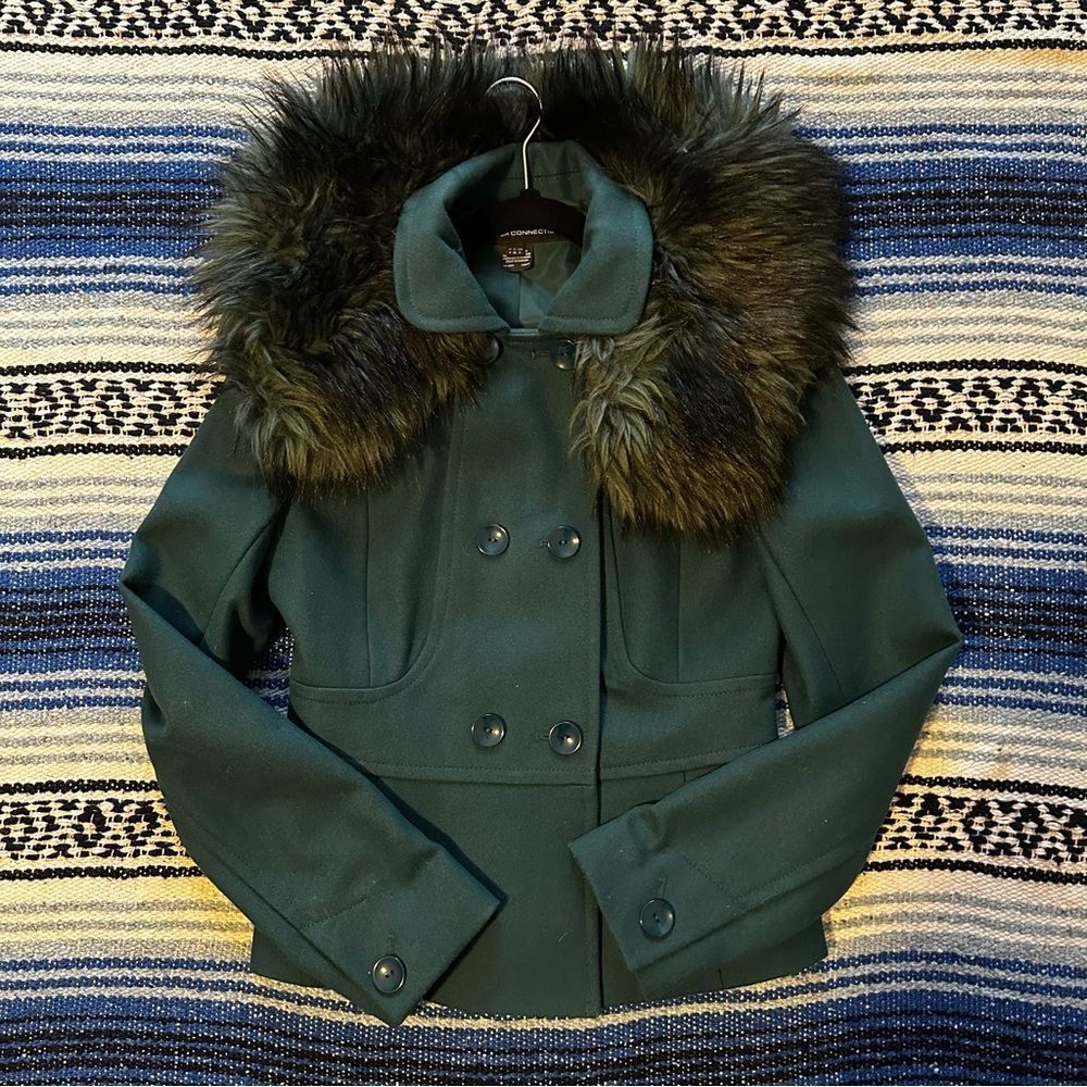 French connection UK green wool jacket with faux fur collar